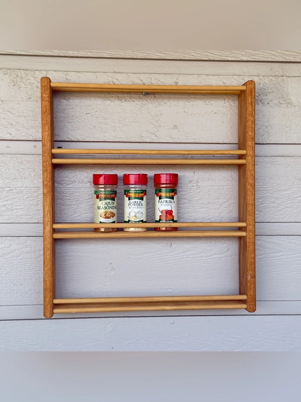Vintage Danish Style Wall Mounted Wood Spice Rack Hand Crafted Kitchen Organizer